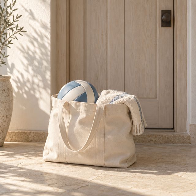 Eine gepackte Strandtasche mit Volleyball wartet neben der geschlossenen Haustür.