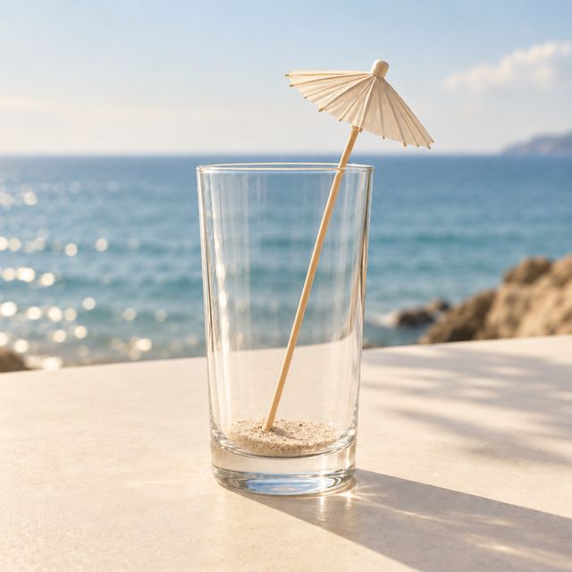 Ein fast leeres Glas mit einer Prise Sand am Boden und einem kleinen Sonnenschirm.